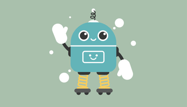 Cute cartoon blue robot with spring legs waving hello amidst white circular bubbles on a soft green background.