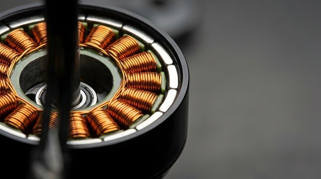 Close up of copper wire coils inside brushless electric motor stator component on dark background