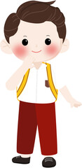 Obraz premium Happy Indonesian Elementary School Boy Wearing Red and White Uniform with Backpack, Smiling Student Character Illustration Isolated on Transparent Background