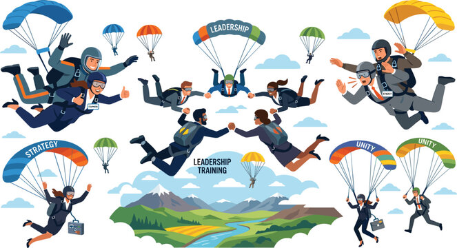 Business people skydiver characters vector set illustrating team building leadership training strategy partnership unity concept on white background