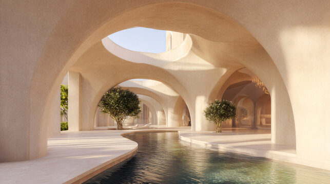 masterpiece luxury boutique hotel courtyard, monumental limestone architecture, sculptural arches, elegant reflecting pools, Mediterranean olive trees, warm ivory, beige and sand palette