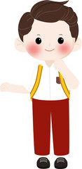 Obraz premium Happy Indonesian Elementary School Boy Wearing Red and White Uniform with Backpack, Smiling Student Character Illustration Isolated on Transparent Background