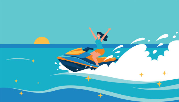 Excited young woman riding a fast blue jet ski on the ocean with splashing waves during a scenic golden sunset sky.