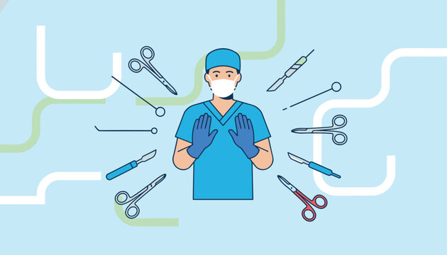 Professional male surgeon in blue scrubs and medical mask surrounded by floating surgical instruments and tools.