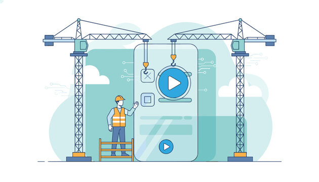 Conceptual illustration of a worker and cranes constructing video player controls on a giant smartphone screen.
