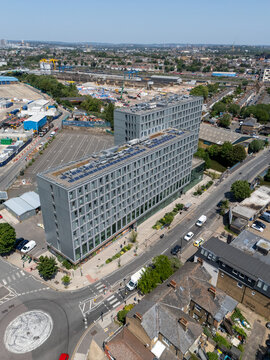 London, United Kingdom - 26 June 2026: Aerial view of Nash House featuring its modern grey facade, solar panels on the roof, and surrounding urban streets and infrastructure.