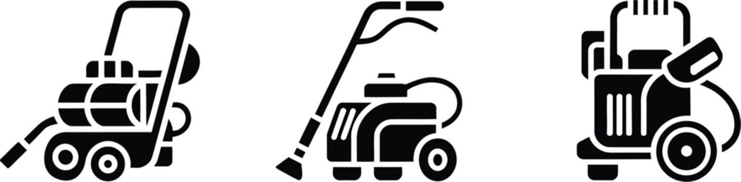 Pressure, washer icon set featuring high-pressure cleaning equipment, spray guns and washing tools, vector illustration.