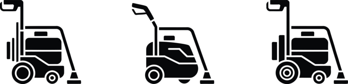 Pressure, washer icon set featuring high-pressure cleaning equipment, spray guns and washing tools, vector illustration.