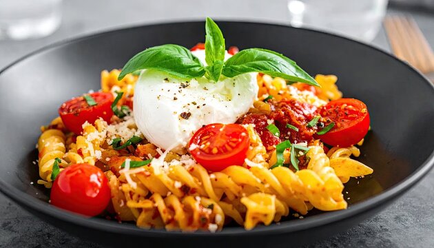 Italian fusilli pasta with burrata and cherry tomatoes