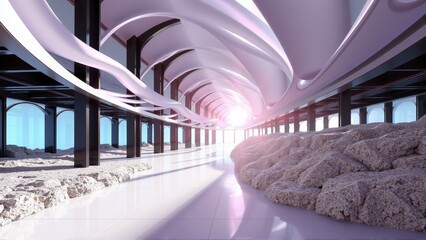 Fototapeta premium Futuristic corridor. Light source draws eye forward. Smooth curves contrast rough terrain. Minimalist design creates spacious feel.