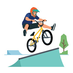 Obraz premium BMX rider performing a mid-air trick on a ramp in a flat vector illustration style
