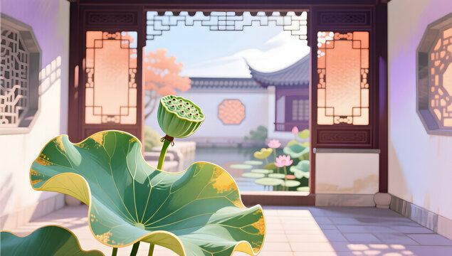 lotus pond autumn mood Liqiu solar term illustration background