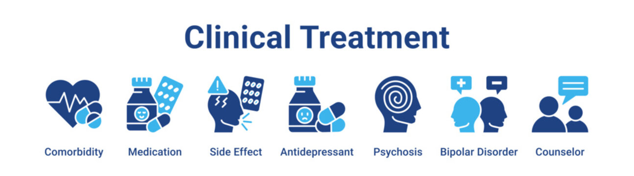 Clinical Treatment web banner icon vector illustration concept for medical with icon of Comorbidity, Medication, Side Effect, Antidepressant, Psychosis, Bipolar.