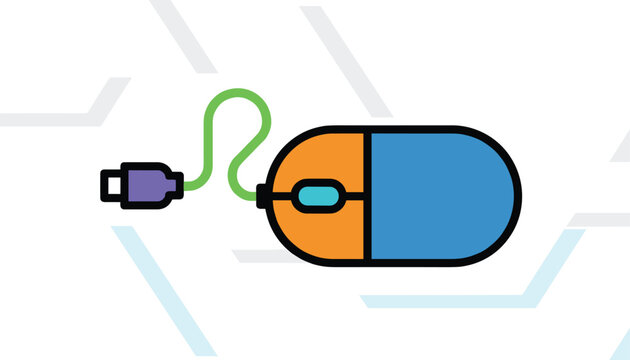 Minimalist computer mouse designed like a capsule in blue and orange with a green cord and USB-C connector plug.