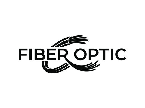 Fiber Optic Communication Technology Logo with Stylized Cable Illustration for High Speed Internet and Data Transfer