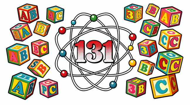 colorful alphabet blocks around atom symbol