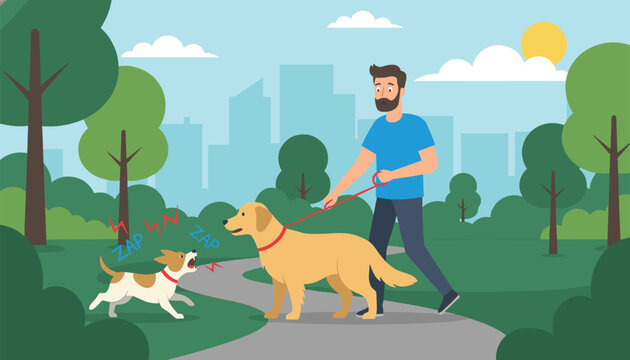 Man walking his golden retriever in a park while a small dog barks and behaves aggressively toward them on the path.