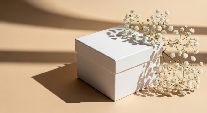 White minimalist gift box with baby's breath flowers