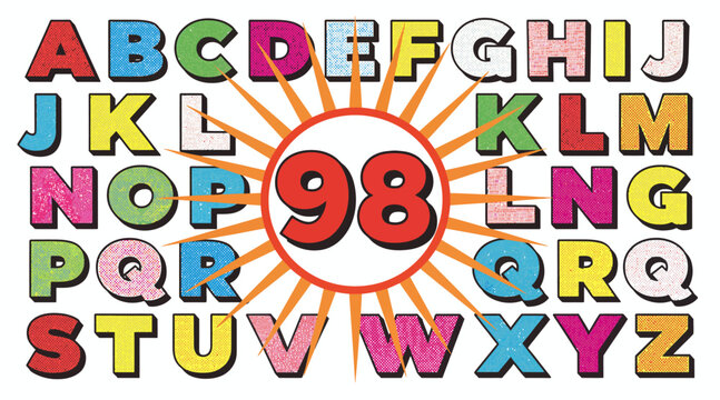 colorful alphabet letters with number 98 and sunburst