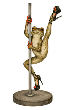 Whimsical watercolor illustration of an anthropomorphic frog pole dancing in black high heels, combining humor, fashion, and surreal character art.