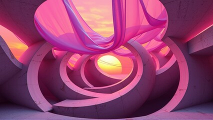 Fototapeta premium Abstract tunnel, pink fabric flowing. Circular architecture, warm sunset glow. Dramatic lighting, modern design, minimalist space.