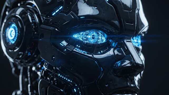 Close-up of Futuristic AI Robot Head with Glowing Blue Circuit Eyes Activating