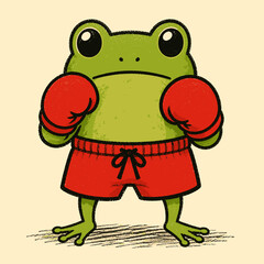Obraz premium Cute cartoon green frog wearing red boxing gloves and shorts in a fighting stance illustration