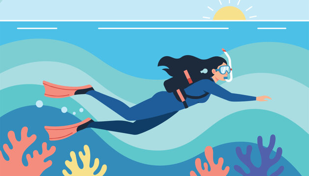 Female scuba diver exploring the deep blue ocean with colorful coral reefs under a sunset sky on the horizon.