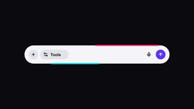 Search bar UI component animation with tools icon and neon loading effect followed by purple circle wipe transition.