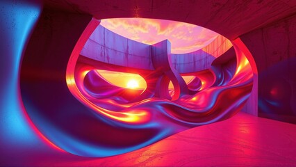 Fototapeta premium Abstract tunnel interior. Vivid colors, flowing shapes, dramatic lighting create futuristic space. Warm sunset visible above.