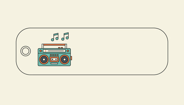 Minimalist cream colored tag label featuring a retro blue cassette radio player with black music notes.
