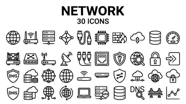 Network icon set with thirty different connectivity symbols included