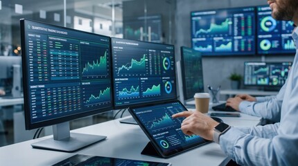 Fototapeta premium Financial analyst monitoring quantitative trading dashboard on multiple screens displaying market trends and data charts in modern office environment for investment decision