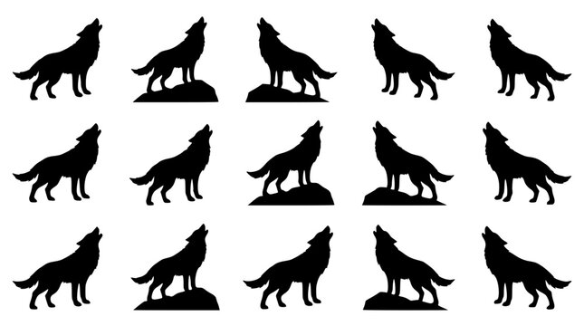Black silhouette illustrations of wolves in various howling positions vector graphic
