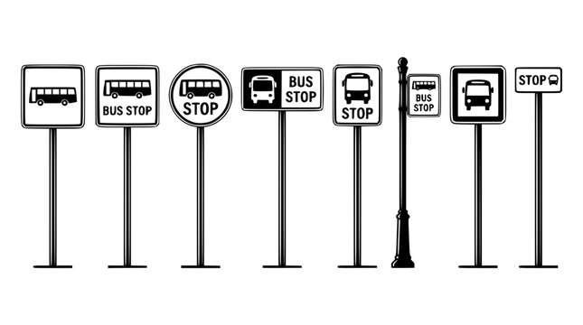 Various bus stop signs on different poles illustration