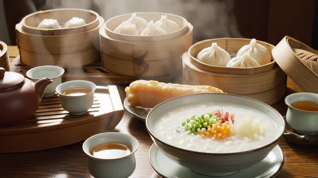 Steaming Hot Traditional Chinese Breakfast with Dim Sum, Congee, Youtiao and Tea