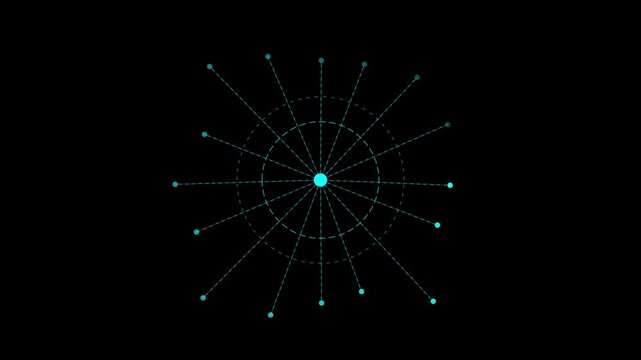 Digital network connection hud with pulsing radial data points and circular grid lines animation 4k interface