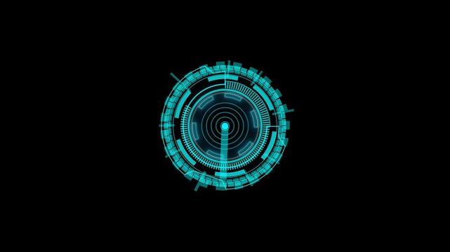 Glowing blue futuristic circular digital radar scanner interface hud element with high tech light rings and data display graphics for science fiction and modern user interface design projects