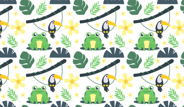 Cute frog and toucan bird seamless pattern with tropical leaves vector illustration.