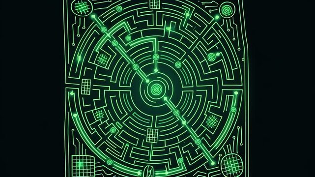 Glowing neon green circuit maze interface rotating on black background