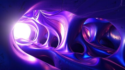 Fototapeta premium Abstract fluid shapes, vibrant purple hues, bright light source. Tunnellike structure creates depth, mysterious atmosphere.