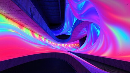 Fototapeta premium Abstract tunnel, vibrant colors flow. Dramatic lighting creates dynamic, futuristic impression. Smooth curves, dark background.