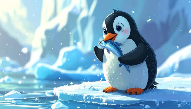 A cartoon penguin holding a fish on ice.