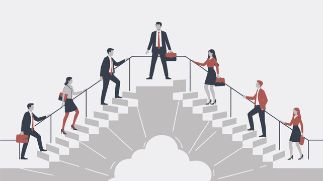 Business professionals climb stairs towards a central leader figure as they ascend toward success.