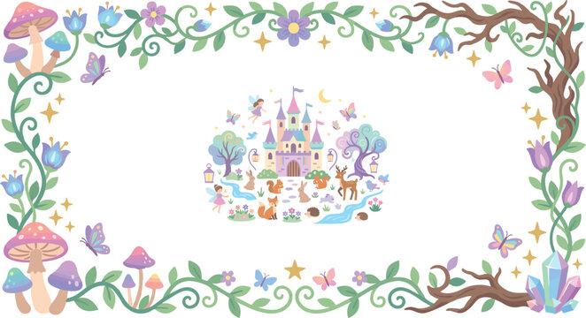 Enchanted fairytale forest border vector frame with magic castle fairies butterflies cute woodland animals mushrooms and crystals on white background