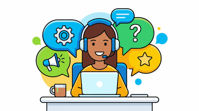 Cartoon agent with headset at computer surrounded by chat bubbles