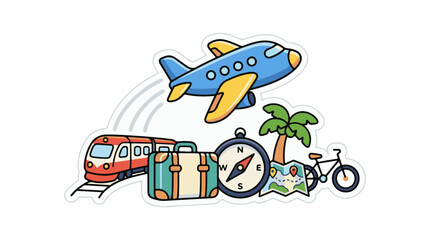 Fototapeta premium Cartoon airplane train suitcase compass map palm tree and bicycle represent travel
