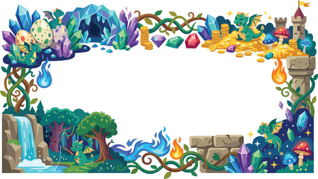 Fantasy dragon world border frame vector template with cute baby dragons castle treasure crystals cave and waterfall