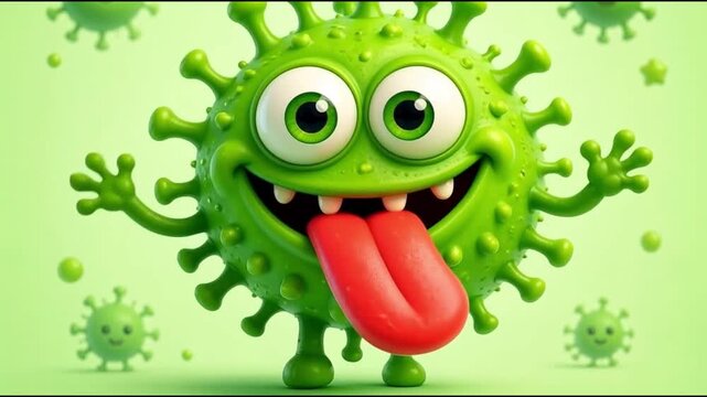 surreal fantasy, dreamy Funny green virus monster character with big eyes and a long red tongue motion
