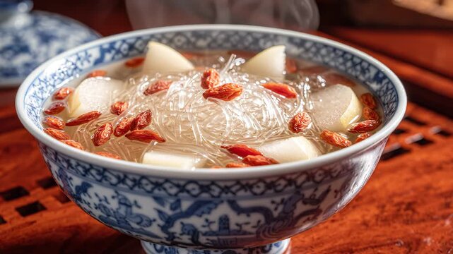 Steaming Chinese Herbal Soup with Goji Berries, Glass Noodles and Winter Melon in Blue-and-White Porcelain Bowl